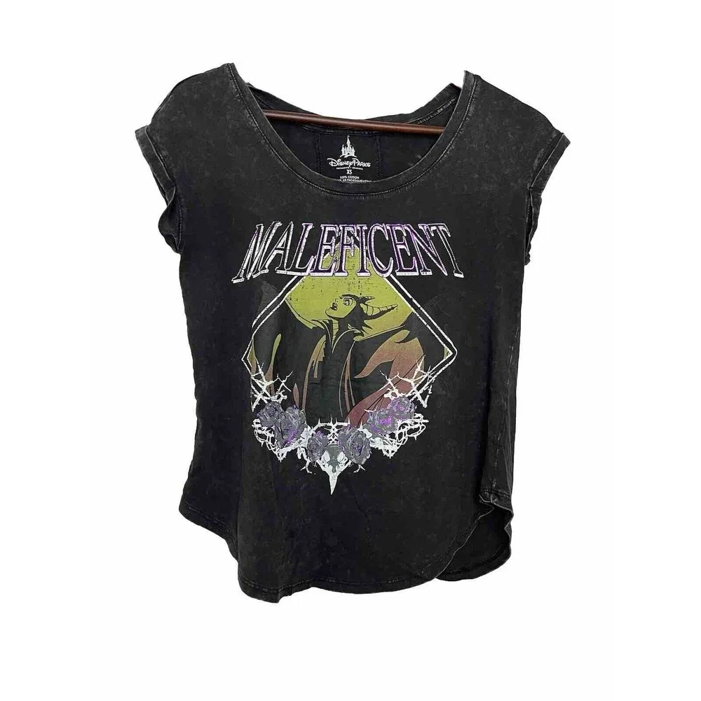 Disney Parks Maleficent Tshirt Womens XS Black Pepper Shirt Cuffed Short Sleeve